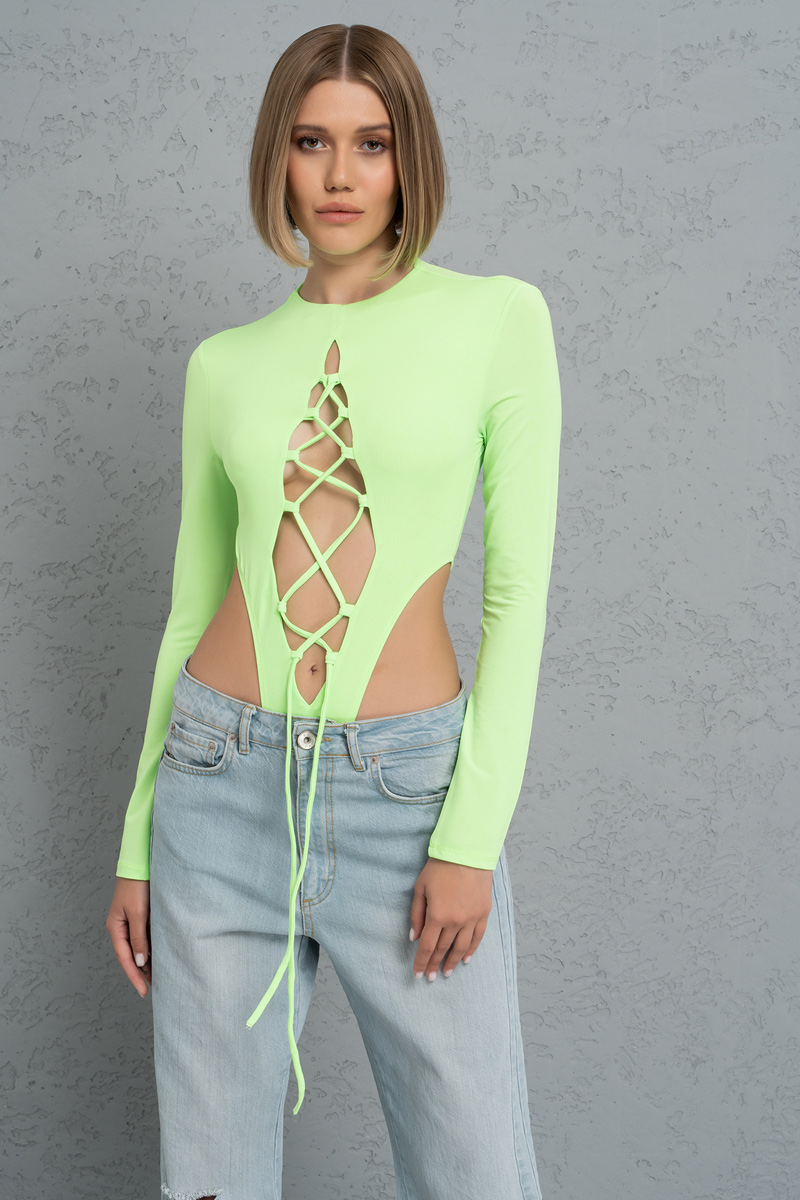 Wholesale Neon Green Crisscross-Front Cut Out Bodysuit