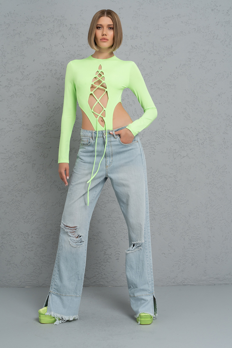 Neon Green Crisscross-Front Cut Out Bodysuit