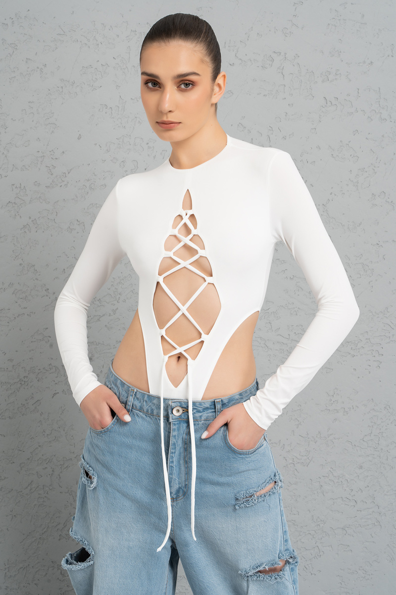 Wholesale Offwhite Crisscross-Front Cut Out Bodysuit