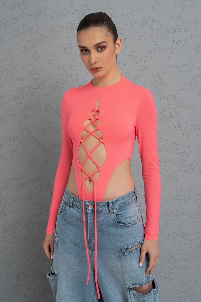 Wholesale Neon Pink Crisscross-Front Cut Out Bodysuit