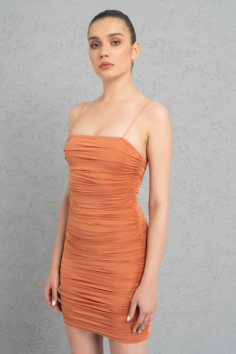 Wholesale Bodycon Gathered Ochre Shoulder Strap Mini Dress