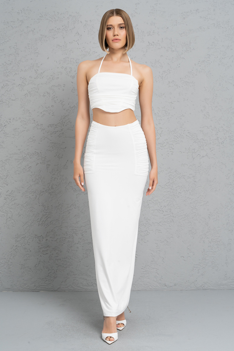 Wholesale Offwhite Shirred Halter Crop Top & Skirt Set