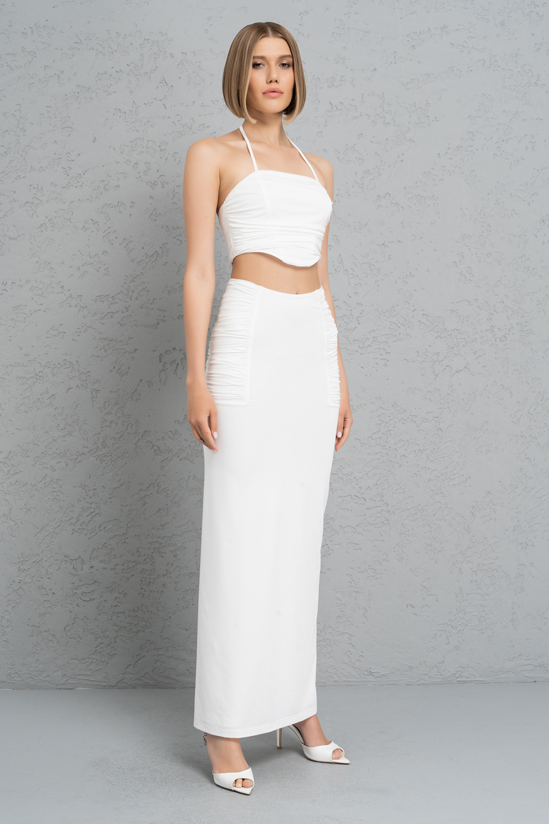 Offwhite Shirred Halter Crop Top & Skirt Set