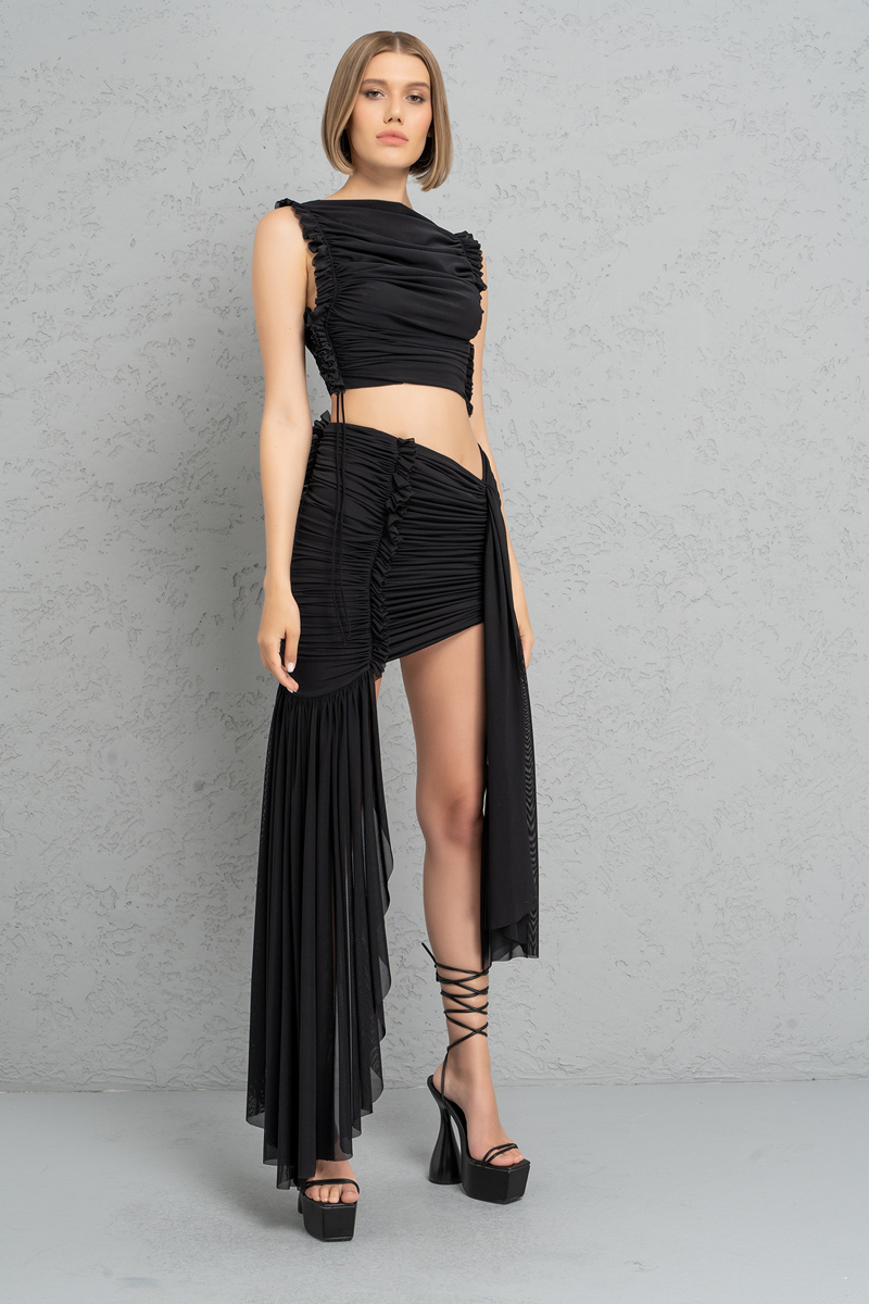 Black Shirred Mesh Crop Top & Mini Skirt Set