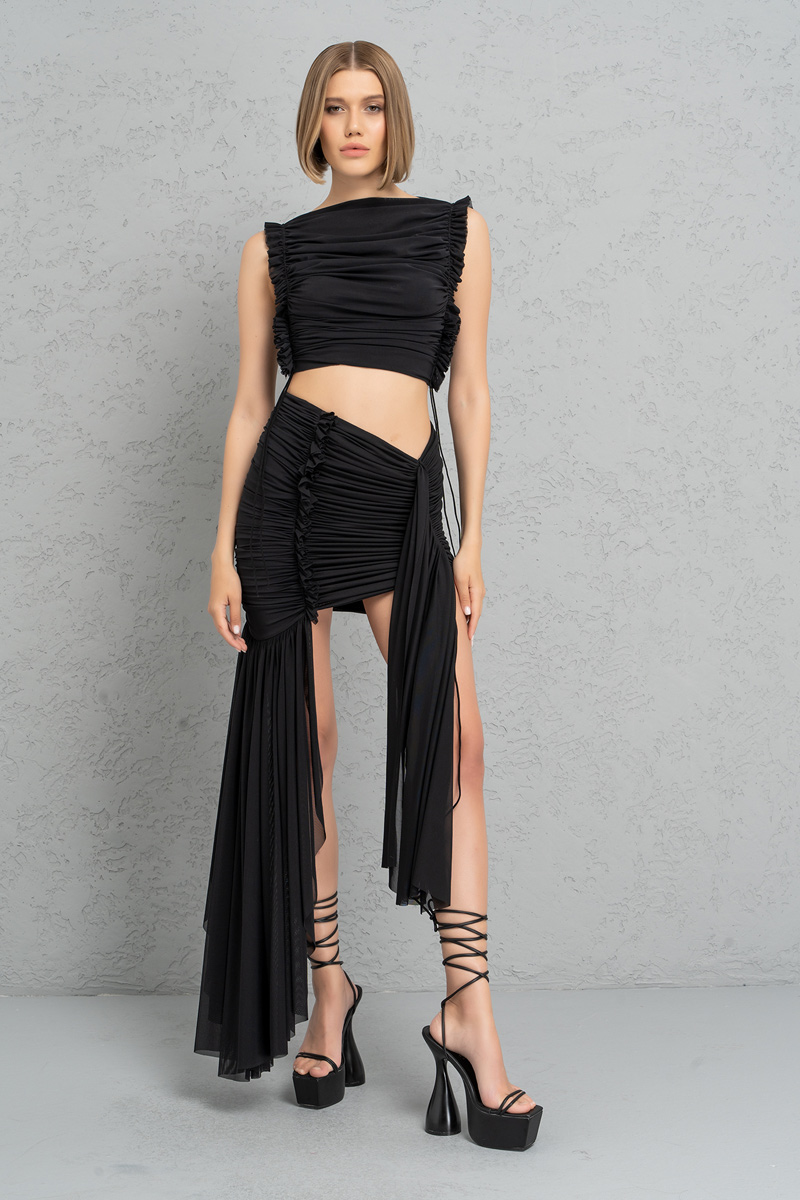 Wholesale Black Shirred Mesh Crop Top & Mini Skirt Set