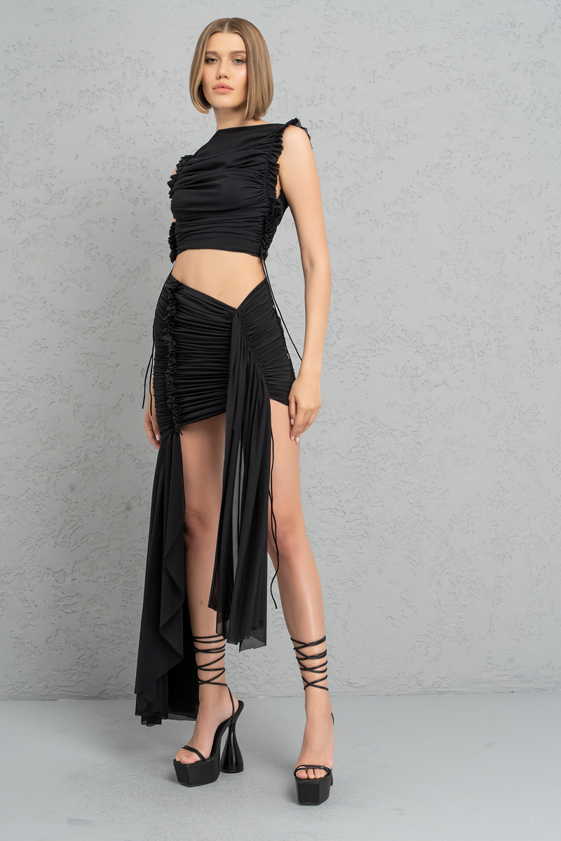 Black Shirred Mesh Crop Top & Mini Skirt Set