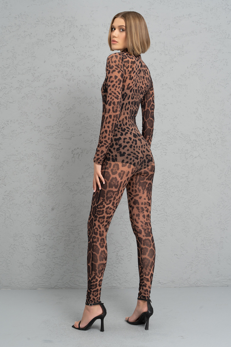Wholesale Nude Black Leopard Mock Neck Printed Mesh Catsuit