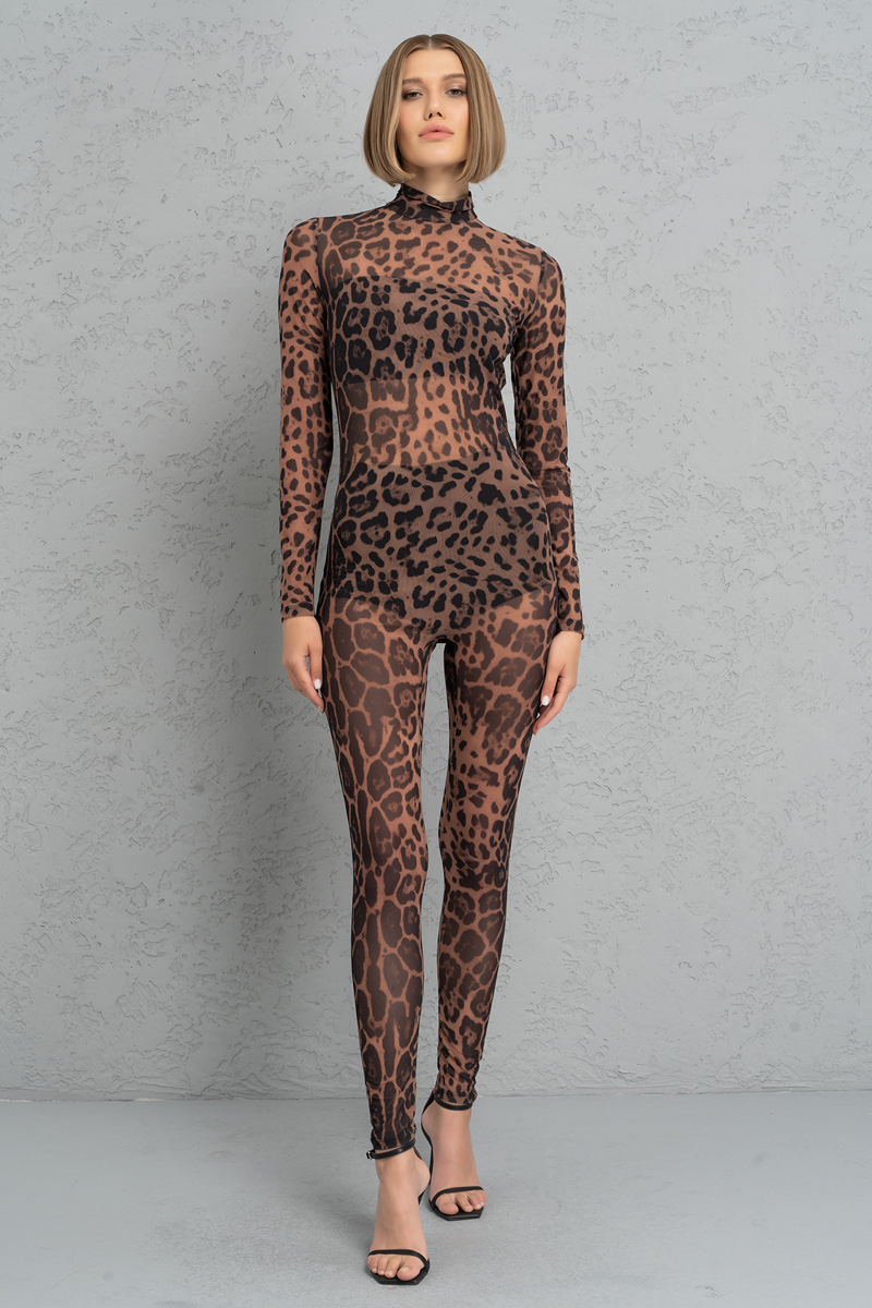 Wholesale Nude Black Leopard Mock Neck Printed Mesh Catsuit