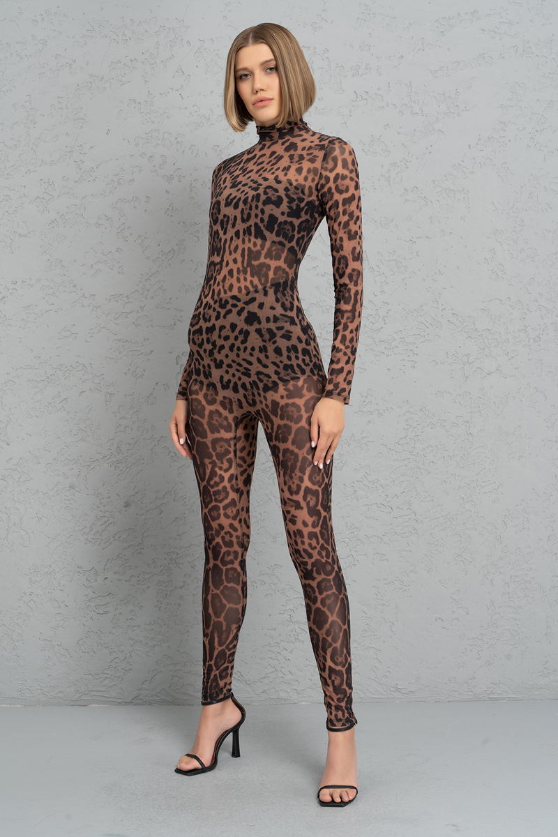 Nude Black Leopard Mock Neck Printed Mesh Catsuit