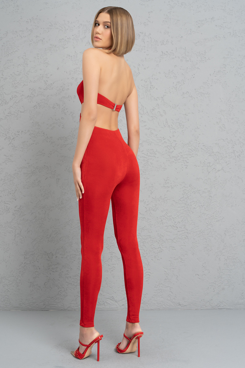 Wholesale Red Halter Cut Out Catsuit