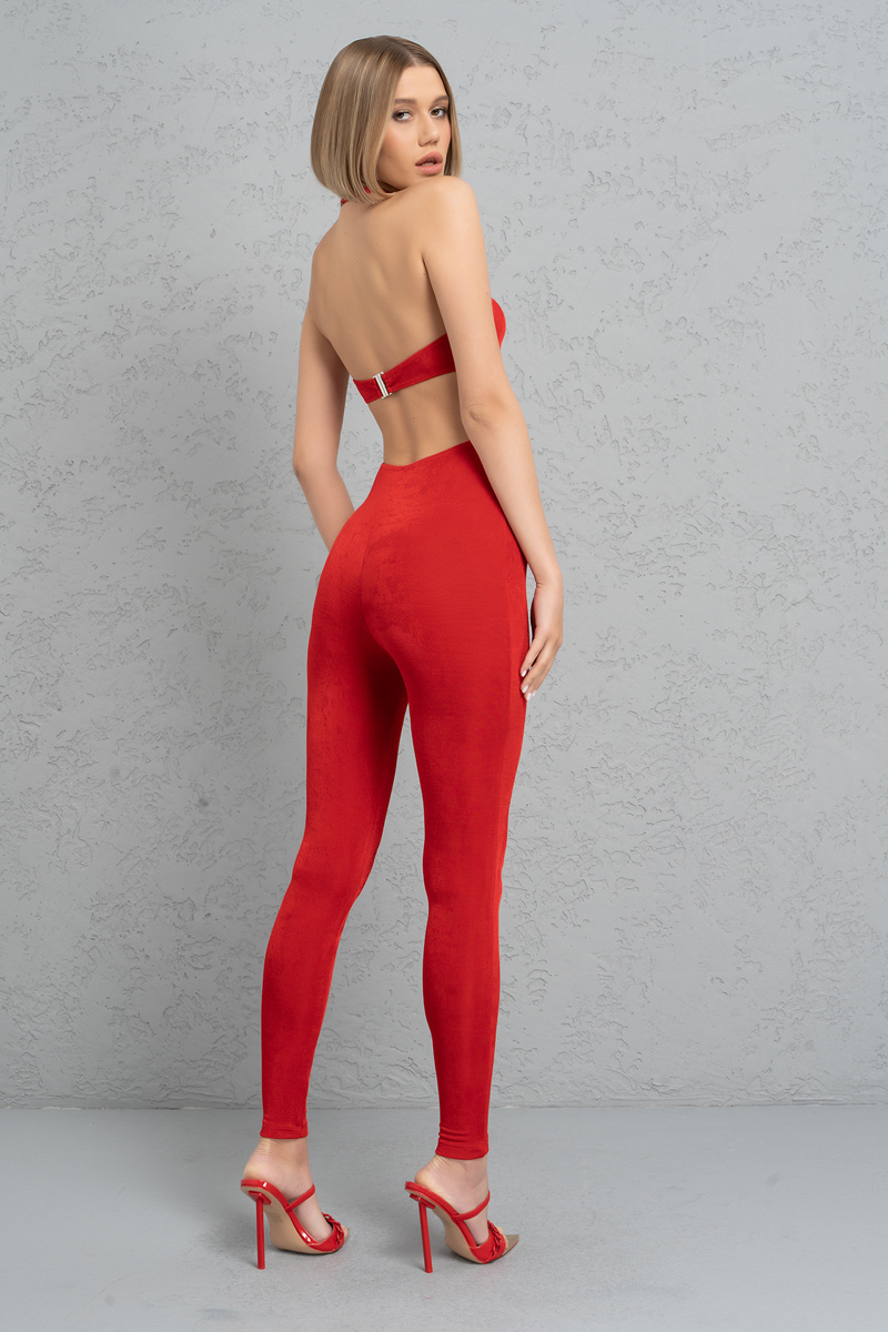 Red Halter Cut Out Catsuit