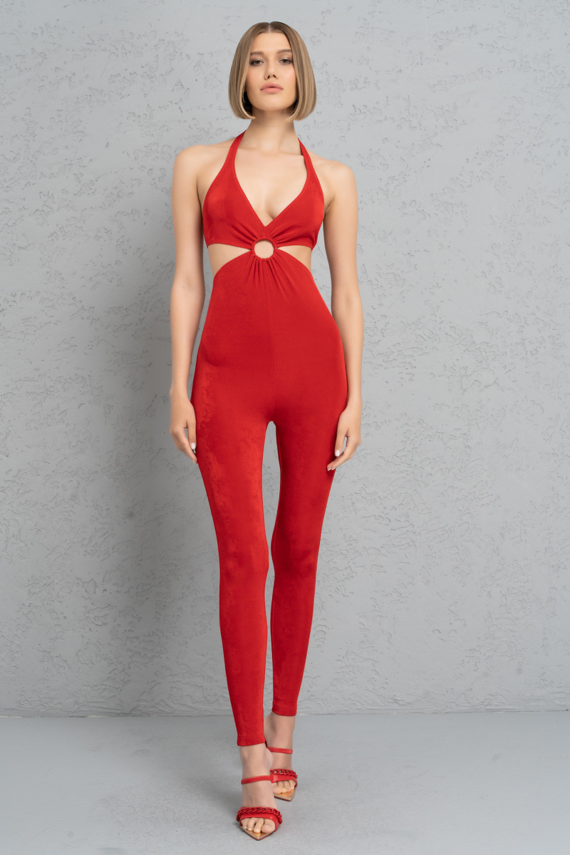 Wholesale Red Halter Cut Out Catsuit