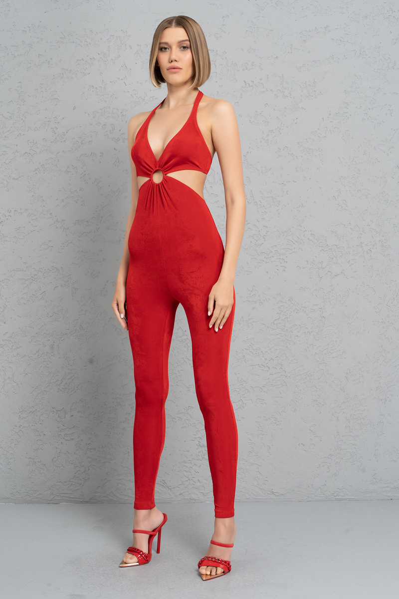 Red Halter Cut Out Catsuit