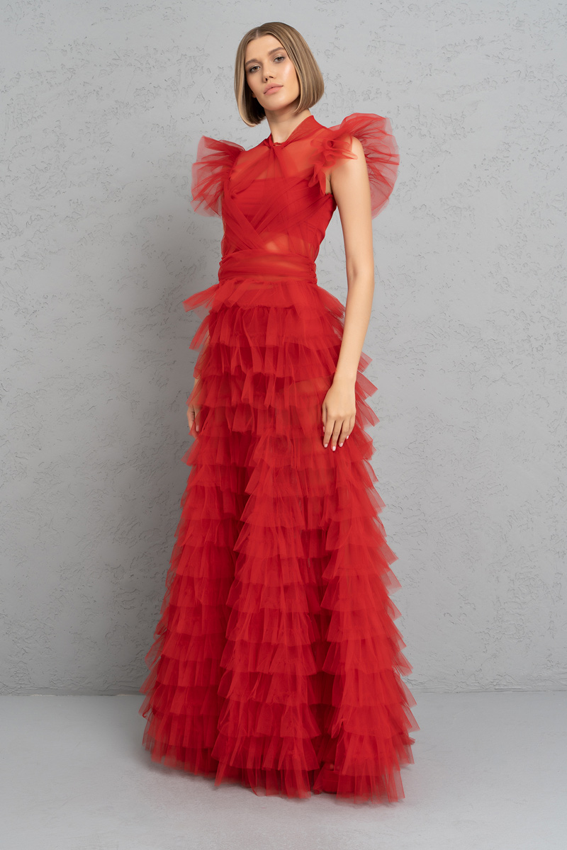 Tulle Detail Transparan Red Long Dress