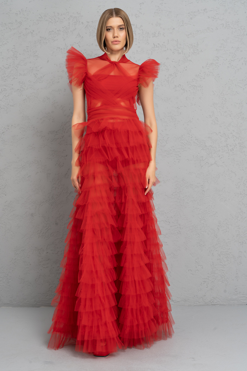 Wholesale Tulle Detail Transparan Red Long Dress