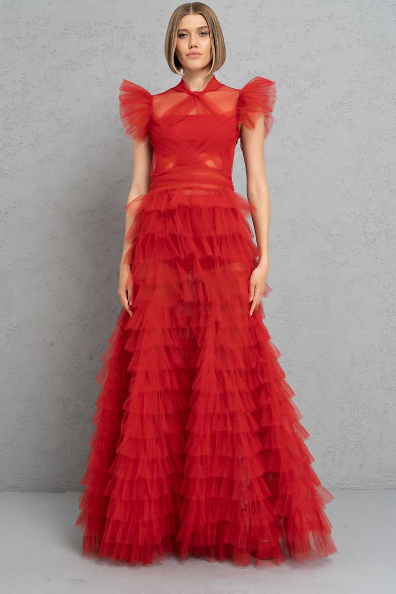 Прозрачное платье из Тюля красный Длинное платье