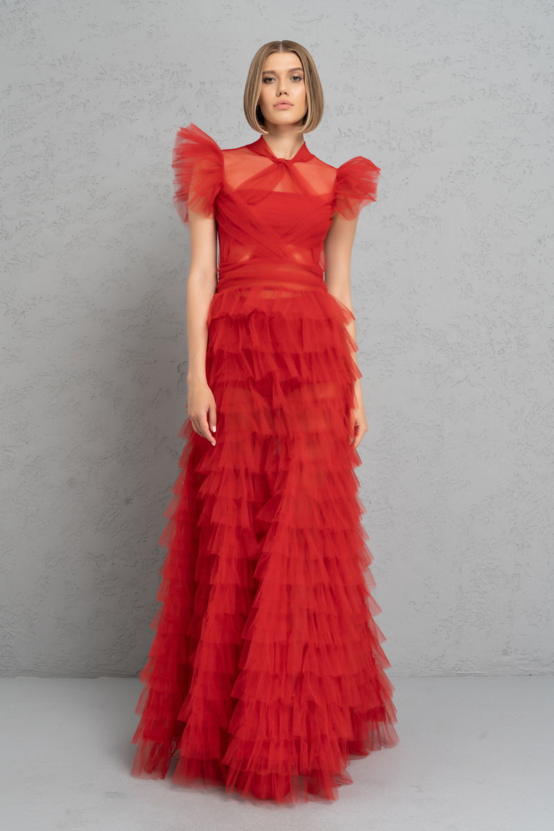 Tulle Detail Transparan Red Long Dress