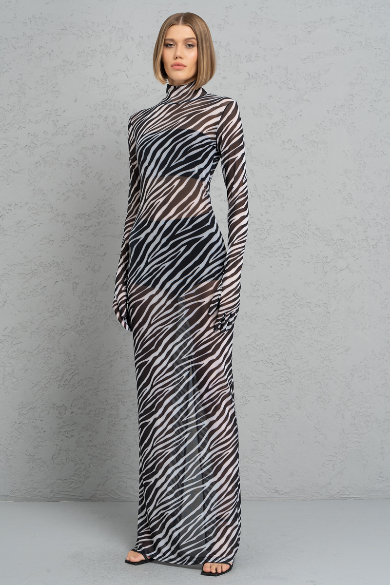 Black + Offwhite Printed Mesh Maxi Dress with Gloves