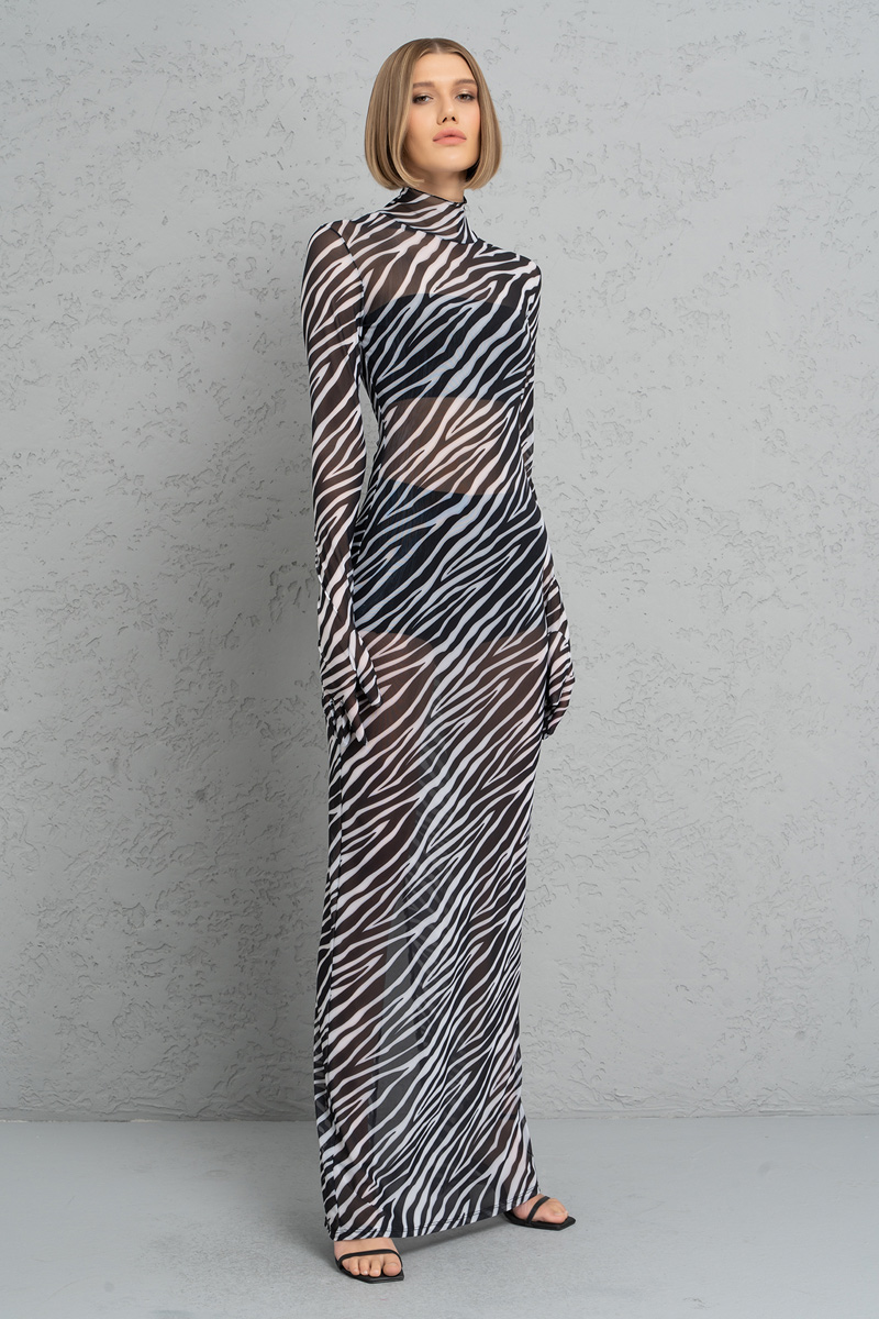 Black + Offwhite Printed Mesh Maxi Dress with Gloves