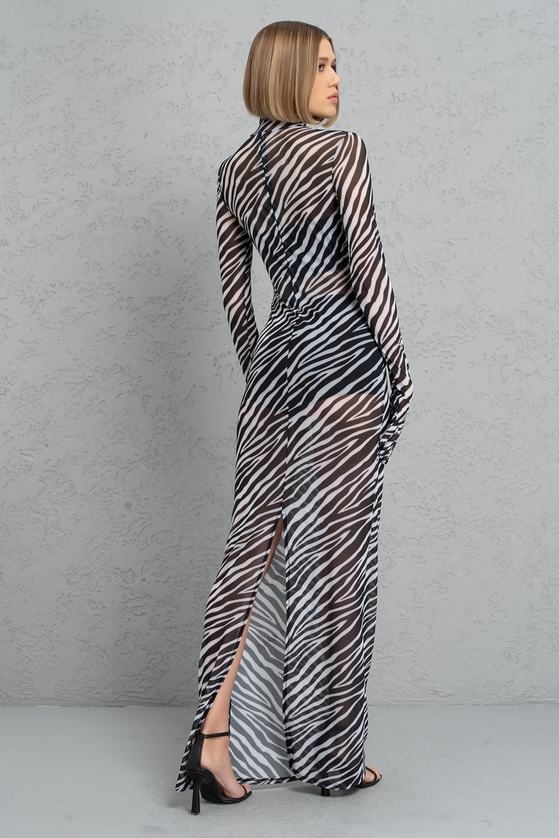 Black + Offwhite Printed Mesh Maxi Dress with Gloves