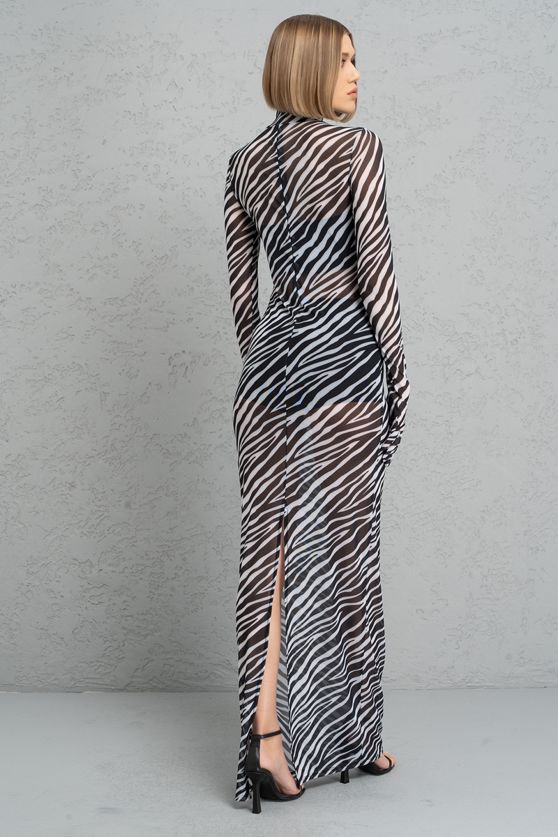 Black + Offwhite Printed Mesh Maxi Dress with Gloves