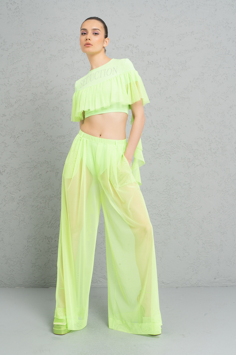 Toptan Neon Green Fırfırlı Crop Bluz & Transparan İçi Şort Detaylı Pantolon Takım