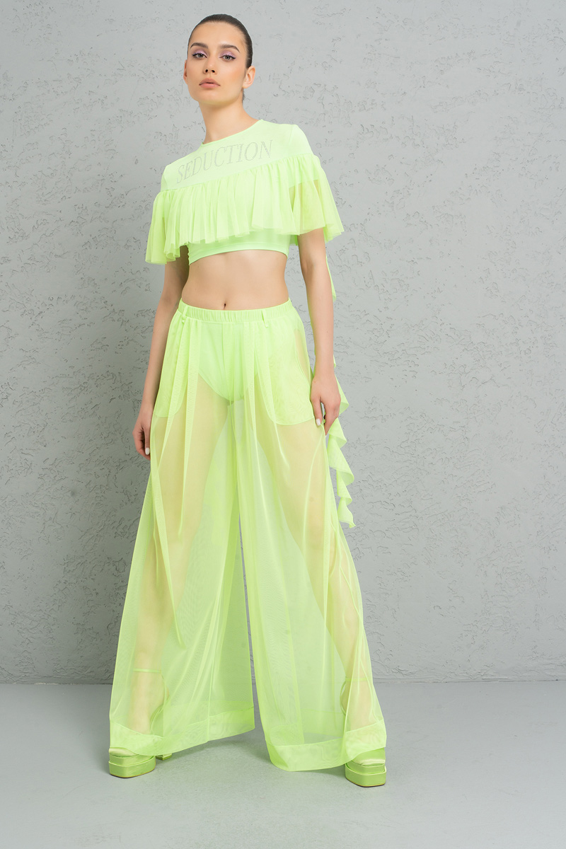 Wholesale Neon Green Frill Crop Top & Sheer Pants with Shorts