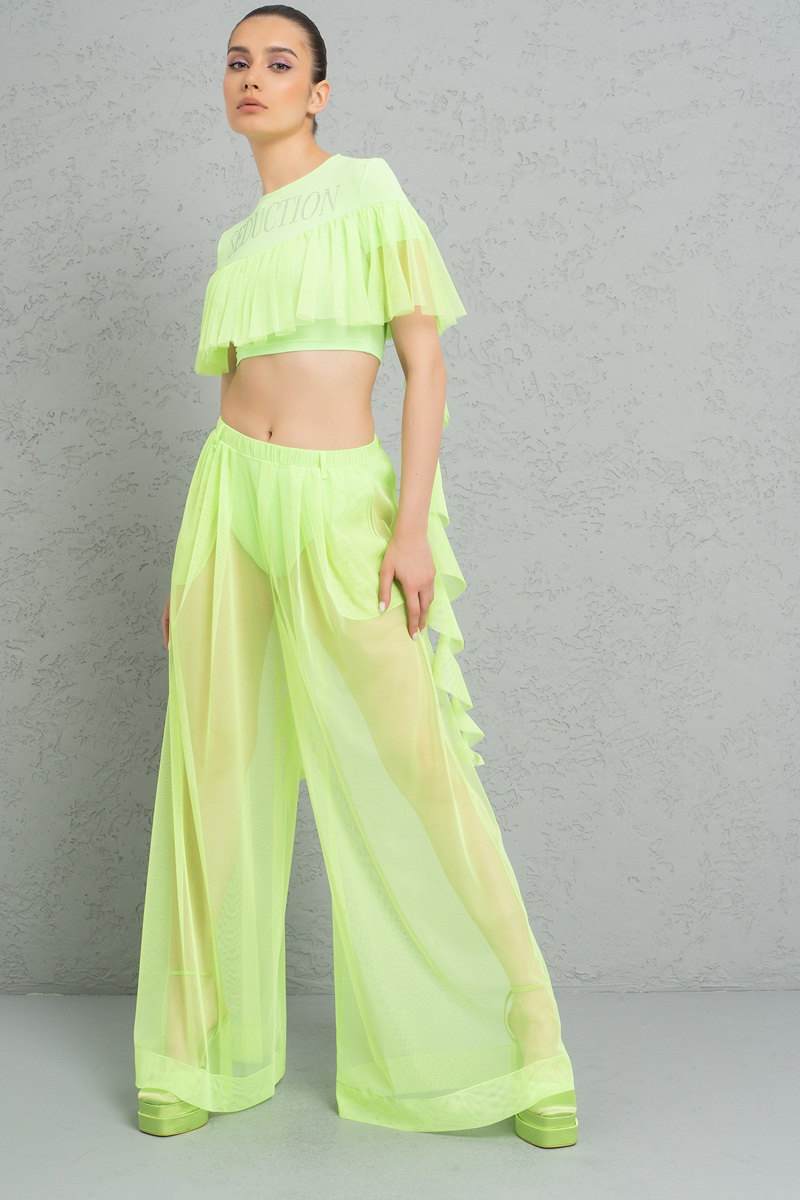 Neon Green Frill Crop Top & Sheer Pants with Shorts