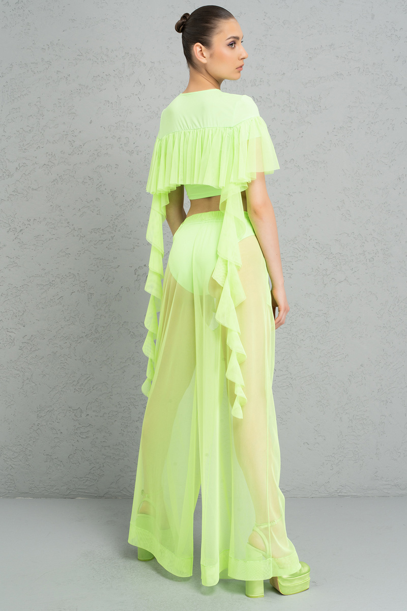 Neon Green Fırfırlı Crop Bluz & Transparan İçi Şort Detaylı Pantolon Takım
