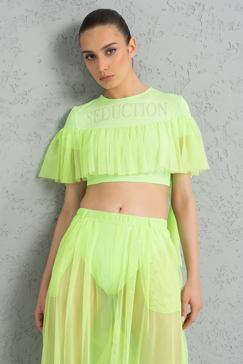 Toptan Neon Green Fırfırlı Crop Bluz & Transparan İçi Şort Detaylı Pantolon Takım