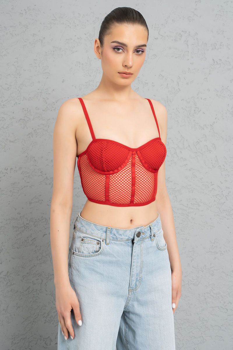 Fishnet Detail Red Cage Bustier