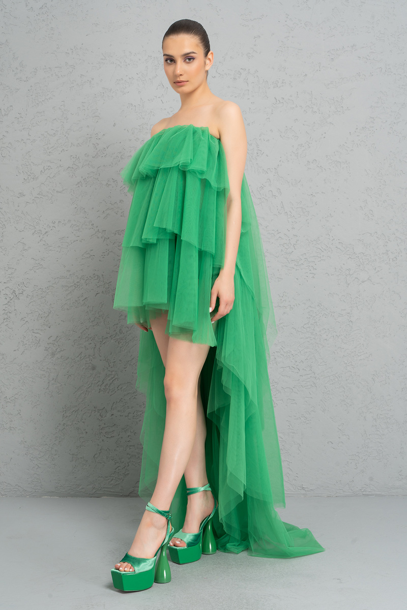 Toptan Staplez Volanlı Kelly Green Mini Elbise