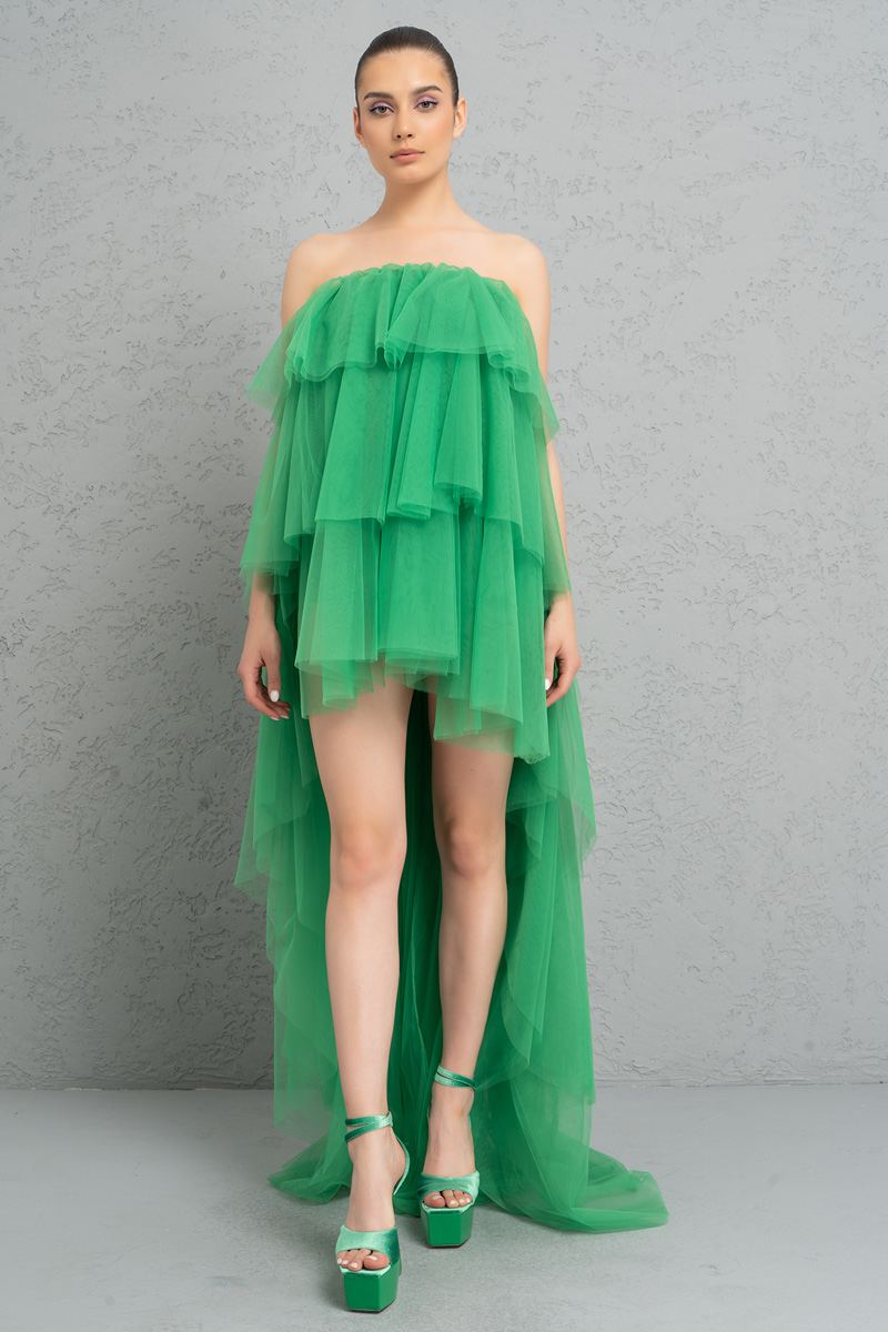 Toptan Staplez Volanlı Kelly Green Mini Elbise
