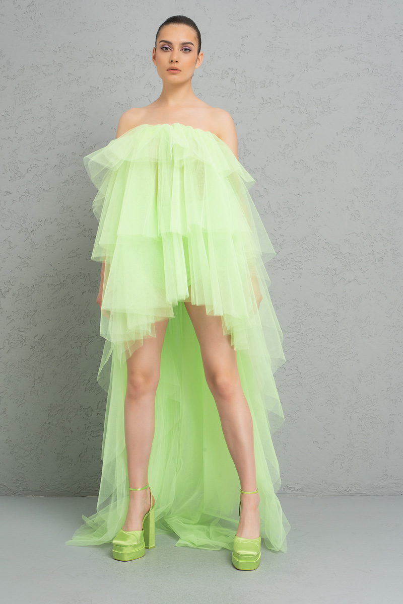 Staplez Volanlı Neon Green Mini Elbise