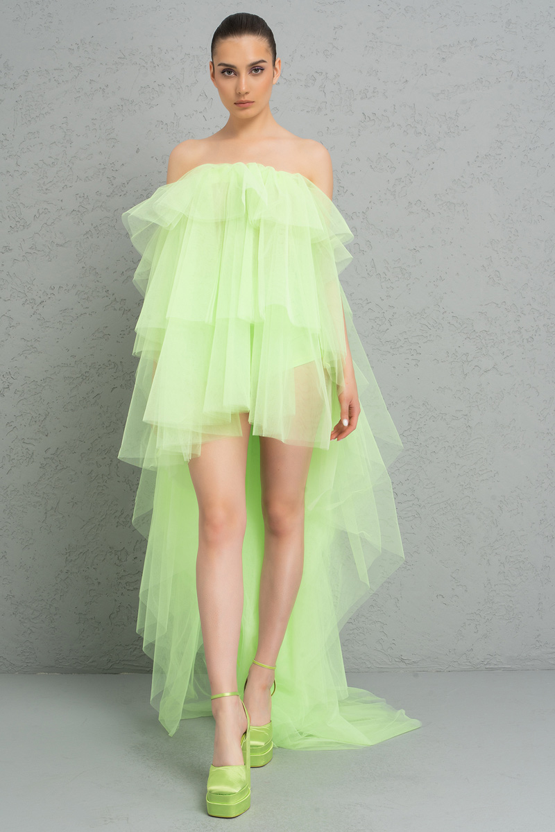 Wholesale Strapless Ruffle Neon Green Mini Dress