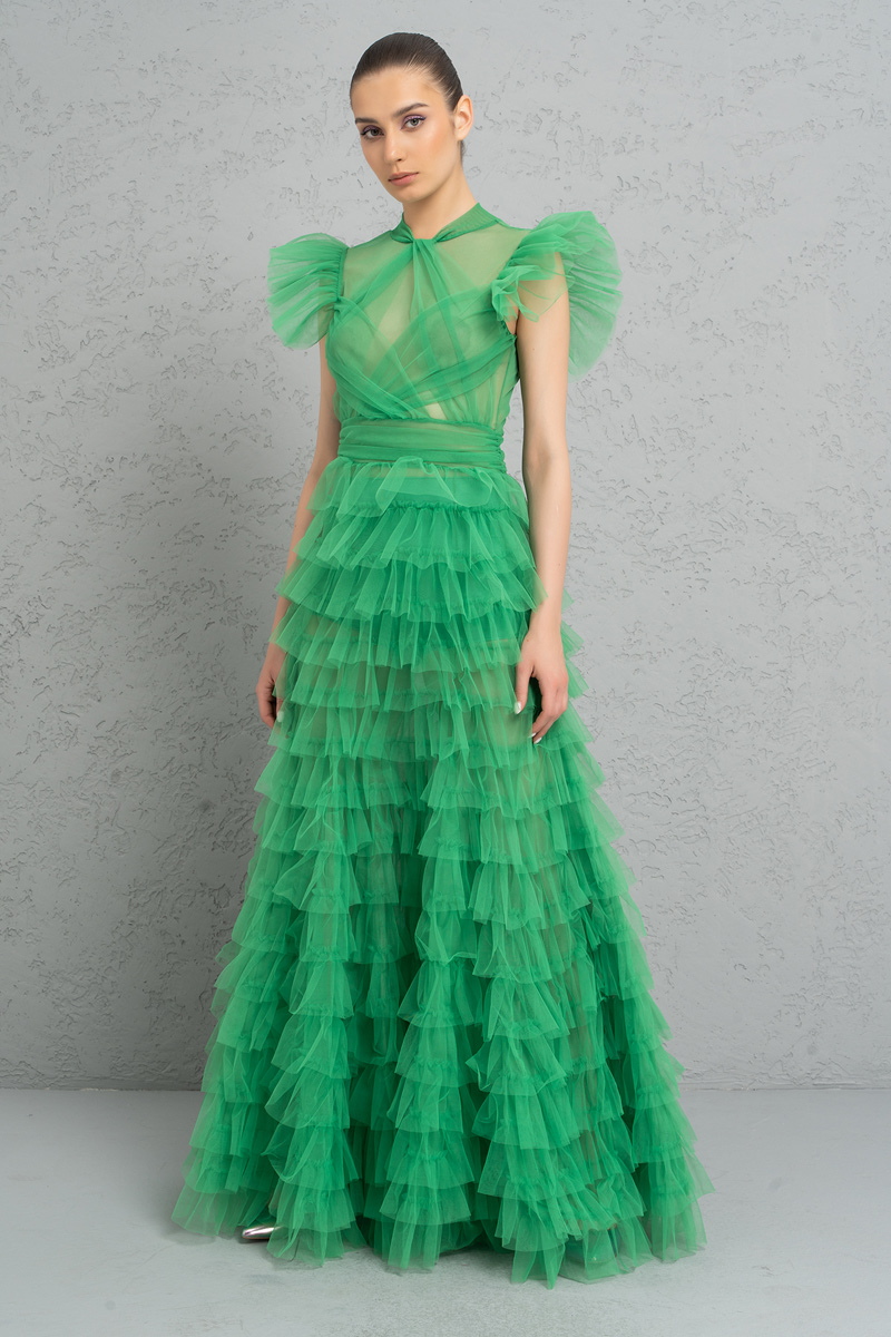 Wholesale Tulle Detail Transparan Kelly Green Long Dress
