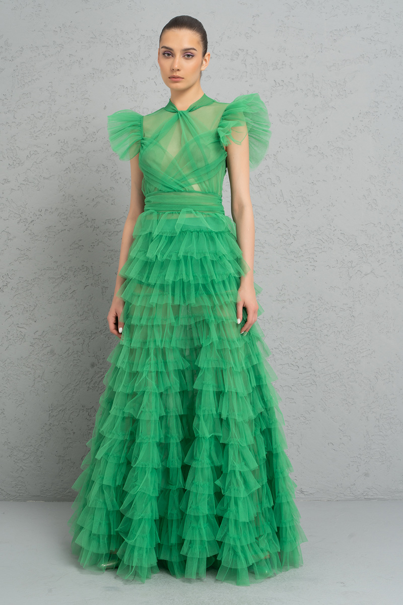 Tulle Detail Transparan Kelly Green Long Dress