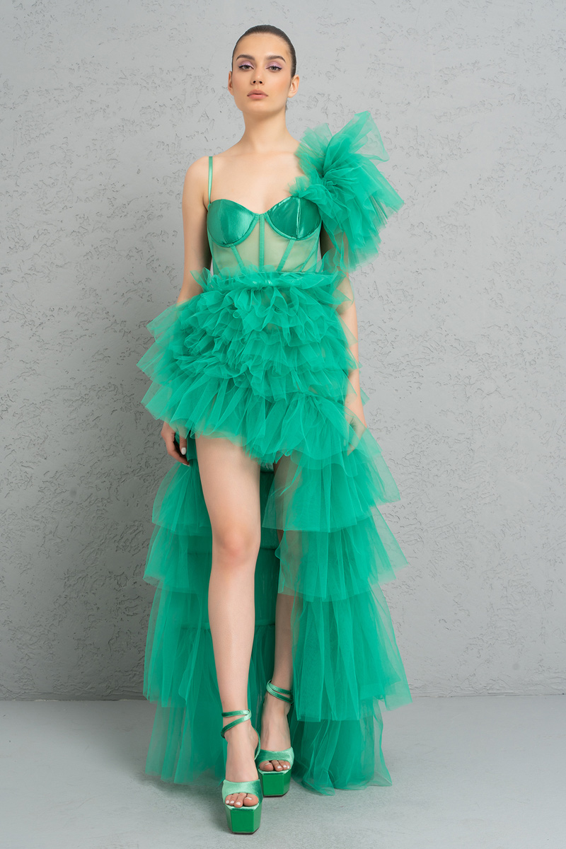 Wholesale New Green Frill High-Low Tulle Dress
