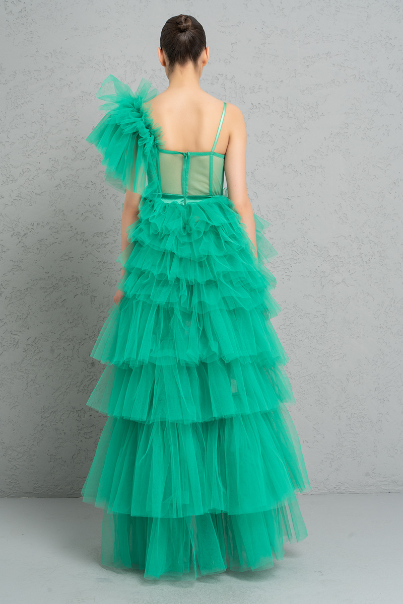 Wholesale New Green Frill High-Low Tulle Dress