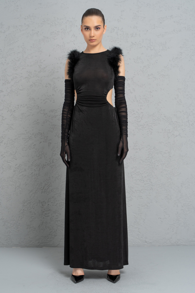 Black Split-Side Dress with Mesh Gloves