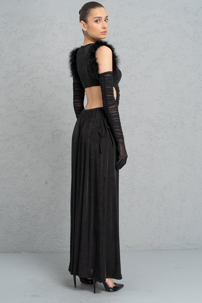 Siyah Transparan Tül Eldivenli Yırtmaçlı Elbise