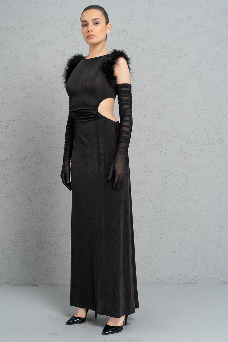 Toptan Siyah Transparan Tül Eldivenli Yırtmaçlı Elbise