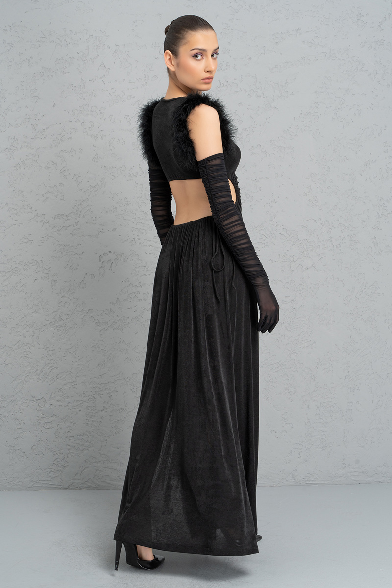 Siyah Transparan Tül Eldivenli Yırtmaçlı Elbise