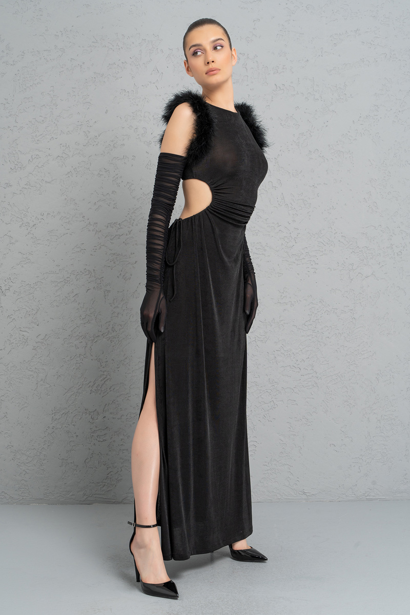 Wholesale Black Split-Side Dress with Mesh Gloves
