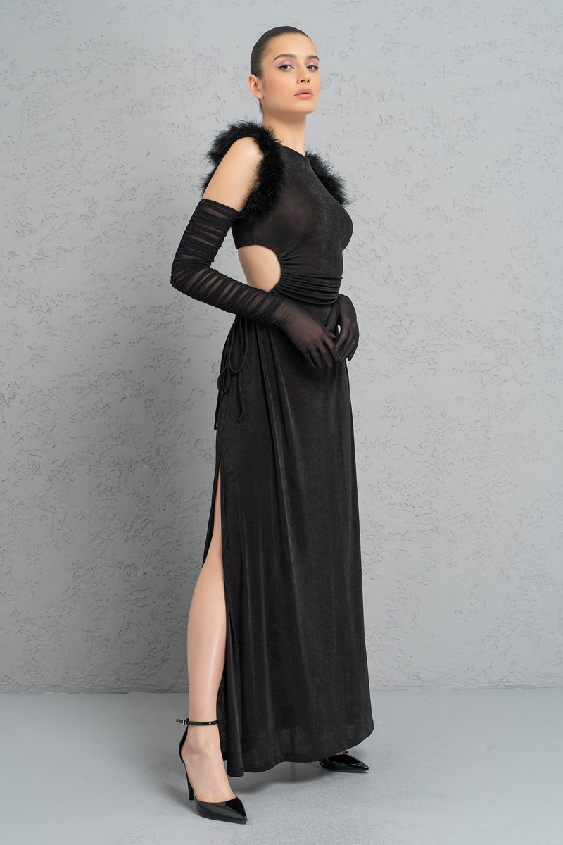 Toptan Siyah Transparan Tül Eldivenli Yırtmaçlı Elbise