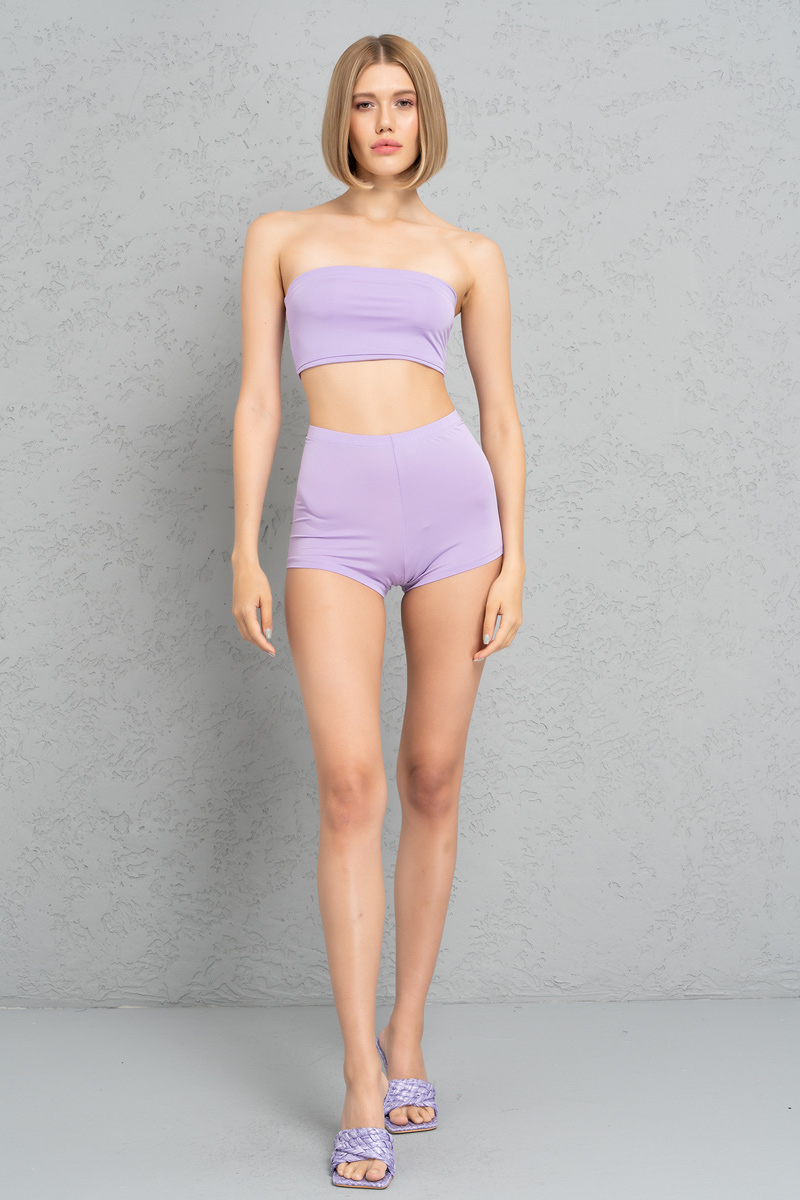 Basic Lilac Bandeau And Booty Shorts Set