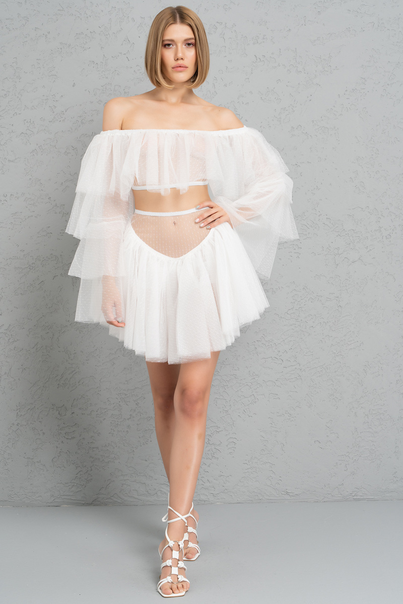 Offwhite Off-the-Shoulder Tulle Crop & Mini Skirt Set
