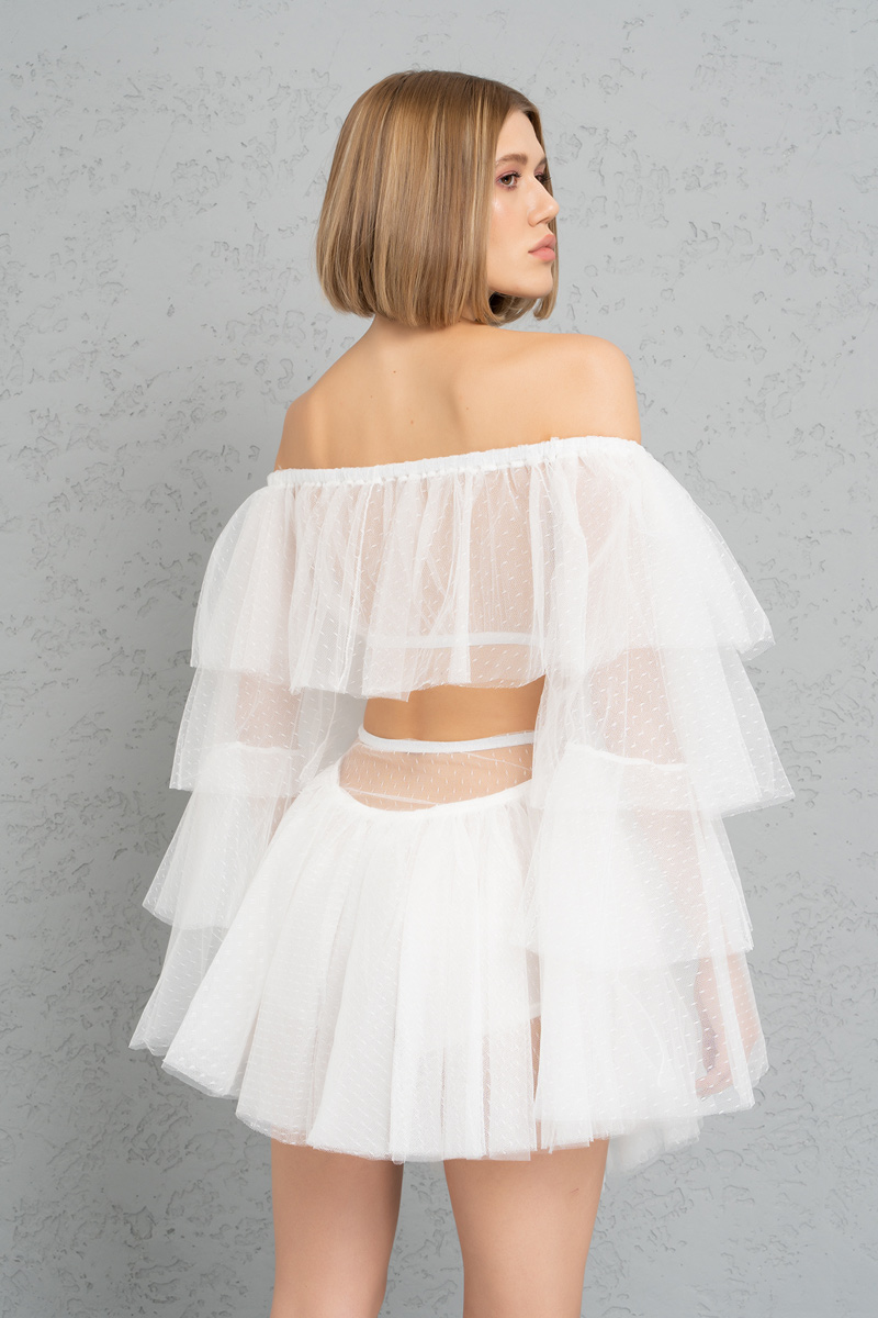 Wholesale Offwhite Off-the-Shoulder Tulle Crop & Mini Skirt Set