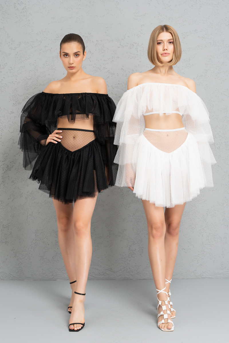 Wholesale Offwhite Off-the-Shoulder Tulle Crop & Mini Skirt Set