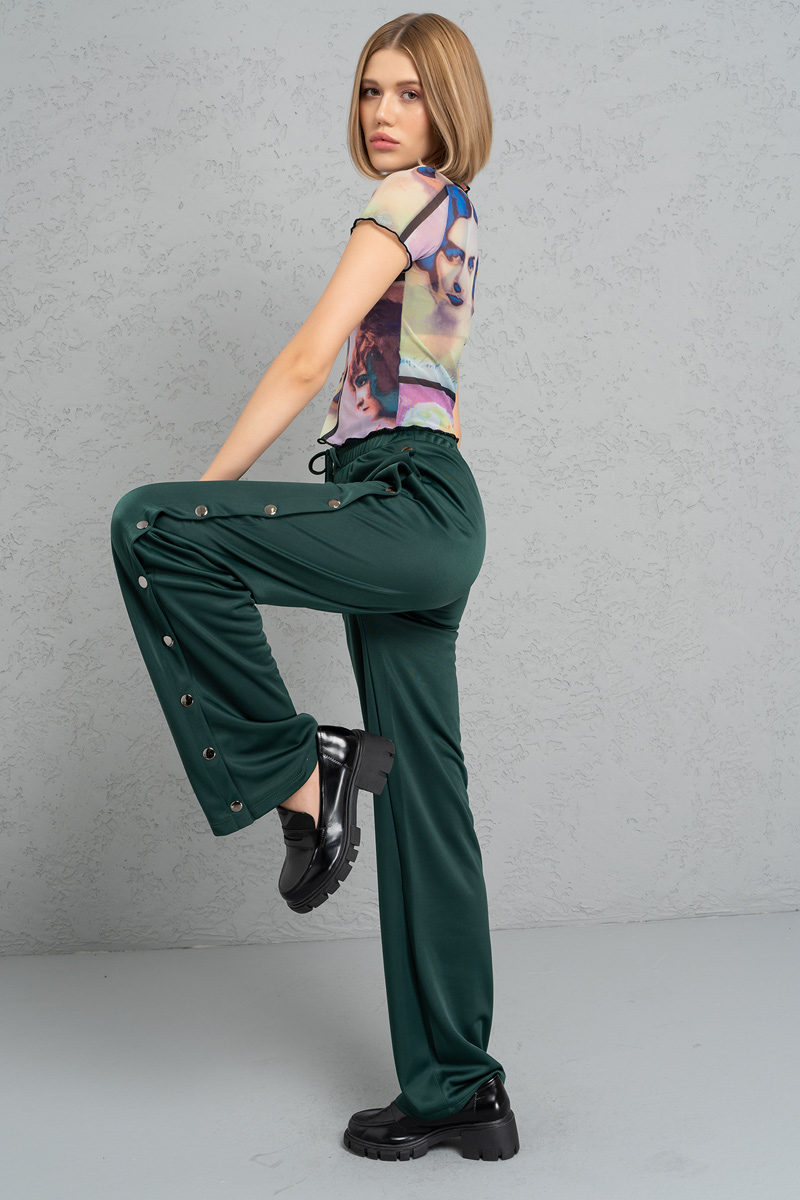 Toptan Yanı Çıtçıt Detaylı Yeşil Pantolon
